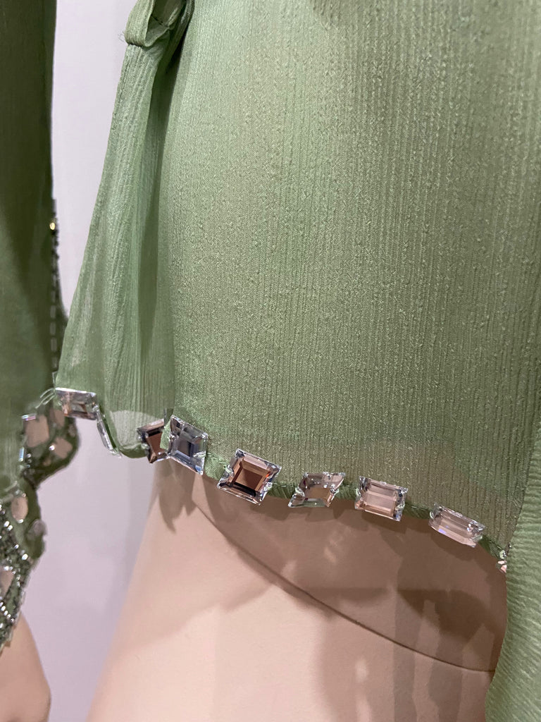 ALESSANDRO DELL' ACQUA Green Silk Chiffon Jewel Beaded Belted Blouse Top 44 UK12