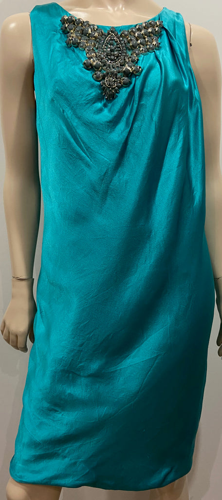 ALBERTA FERRETTI Blue Sheen Silk Round Beaded Neckline Sleeveless Dress UK12