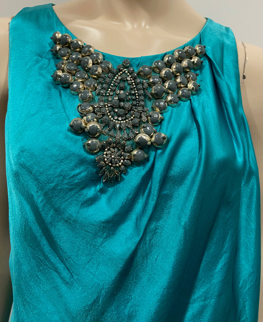 ALBERTA FERRETTI Blue Sheen Silk Round Beaded Neckline Sleeveless Dress UK12