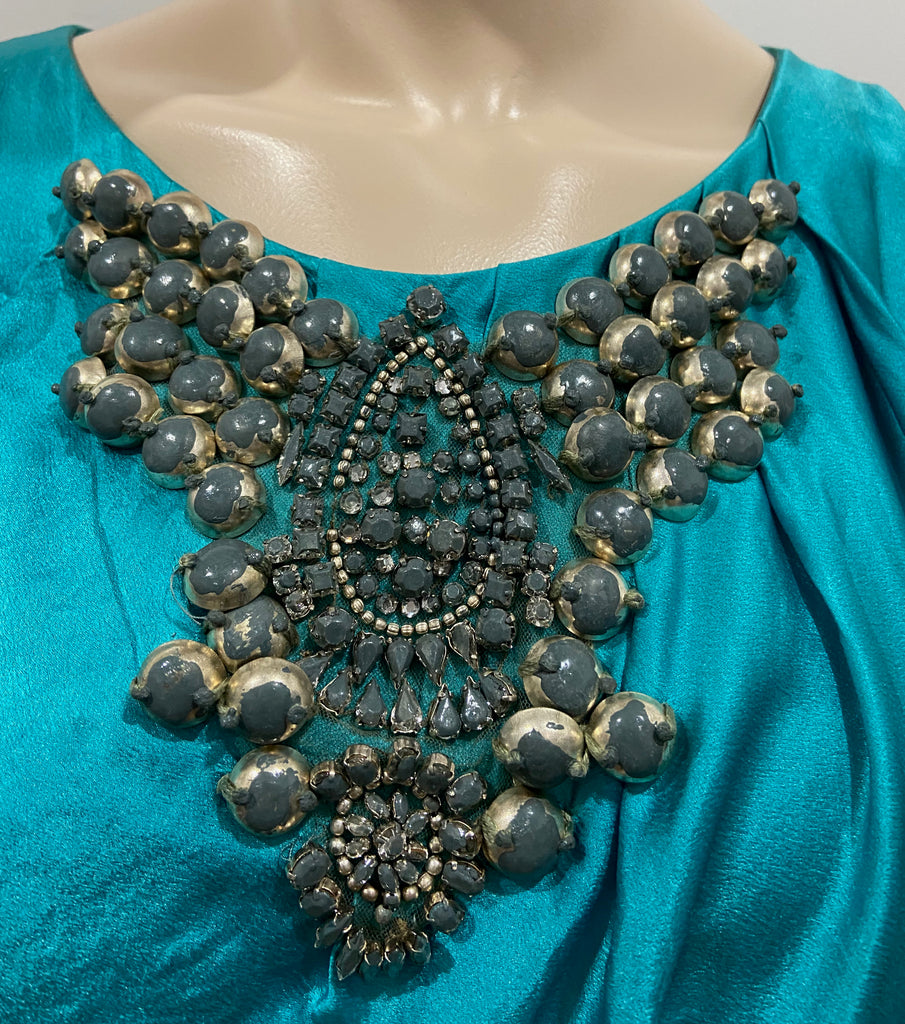 ALBERTA FERRETTI Blue Sheen Silk Round Beaded Neckline Sleeveless Dress UK12