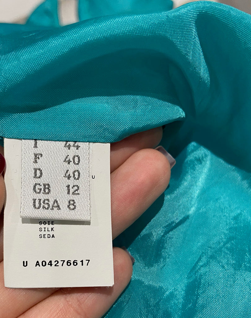 ALBERTA FERRETTI Blue Sheen Silk Round Beaded Neckline Sleeveless Dress UK12