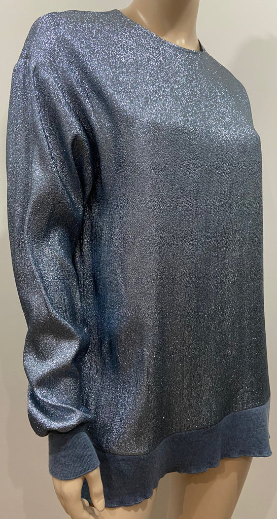 STELLA MCCARTNEY Blue Metallic Silk Blend Rib Trim Jumper Sweater Top 40 UK10
