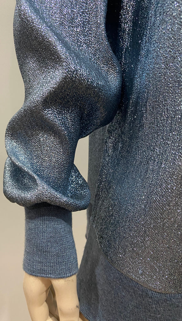 STELLA MCCARTNEY Blue Metallic Silk Blend Rib Trim Jumper Sweater Top 40 UK10
