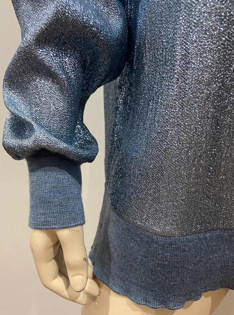 STELLA MCCARTNEY Blue Metallic Silk Blend Rib Trim Jumper Sweater Top 40 UK10