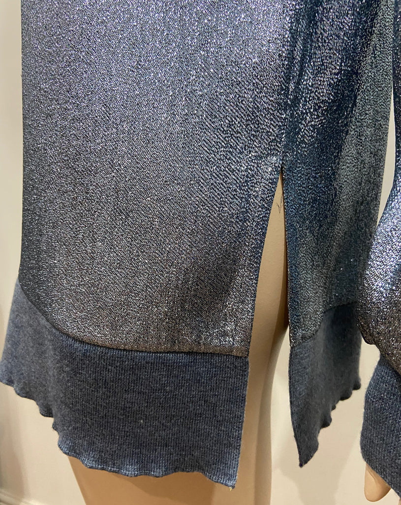 STELLA MCCARTNEY Blue Metallic Silk Blend Rib Trim Jumper Sweater Top 40 UK10