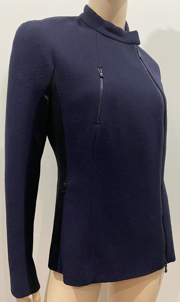 3.1 PHILLIP LIM Navy Blue Textured Virgin Wool & Black Sheen Blazer Jacket UK12