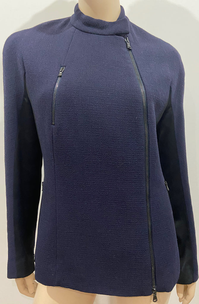 3.1 PHILLIP LIM Navy Blue Textured Virgin Wool & Black Sheen Blazer Jacket UK12