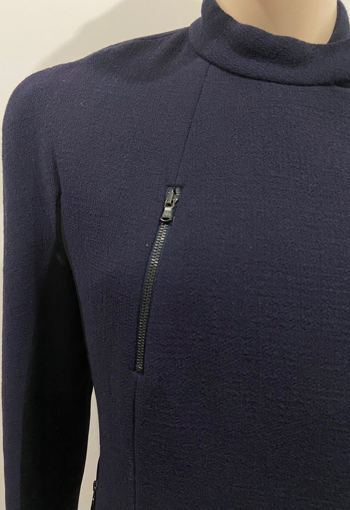 3.1 PHILLIP LIM Navy Blue Textured Virgin Wool & Black Sheen Blazer Jacket UK12