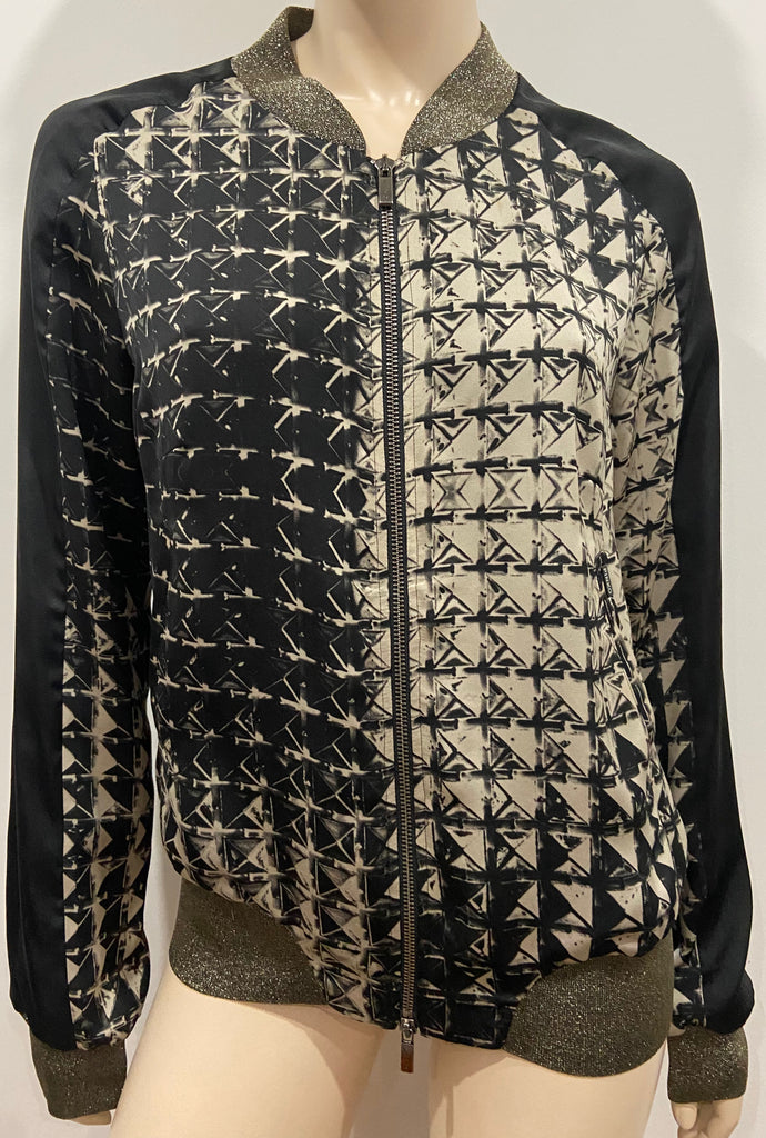 PINKO Black & Cream Geometric Print Zipper Front Lightweight Bomber Jacket UK14