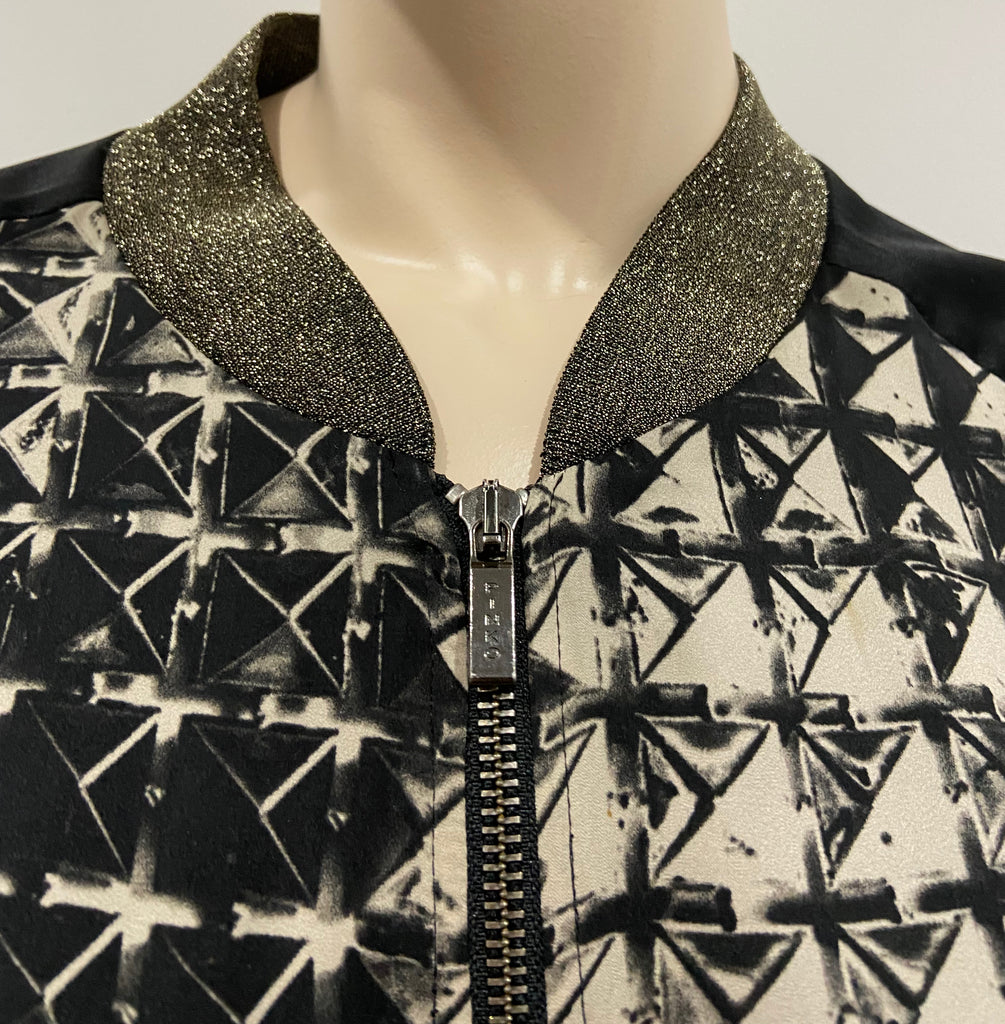 PINKO Black & Cream Geometric Print Zipper Front Lightweight Bomber Jacket UK14
