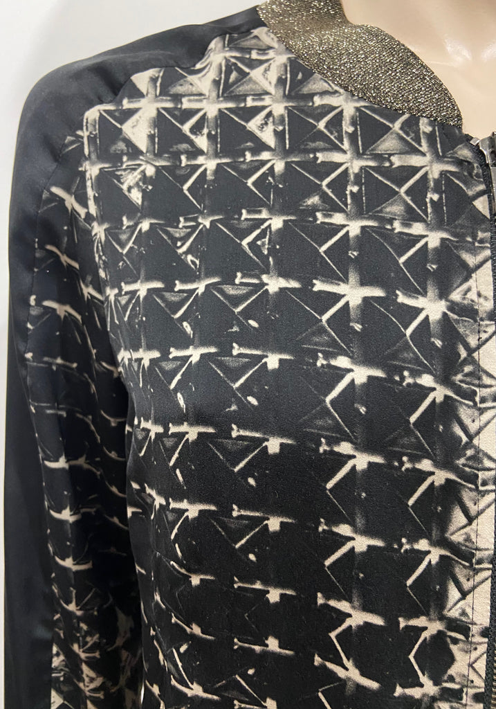 PINKO Black & Cream Geometric Print Zipper Front Lightweight Bomber Jacket UK14