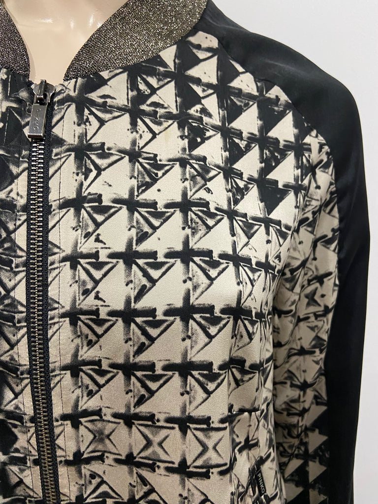 PINKO Black & Cream Geometric Print Zipper Front Lightweight Bomber Jacket UK14
