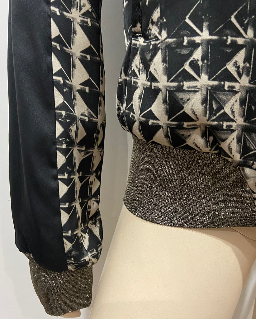 PINKO Black & Cream Geometric Print Zipper Front Lightweight Bomber Jacket UK14