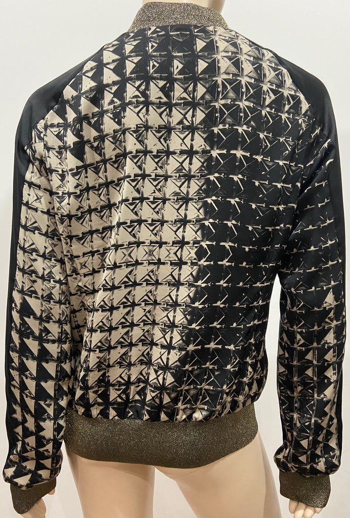 PINKO Black & Cream Geometric Print Zipper Front Lightweight Bomber Jacket UK14