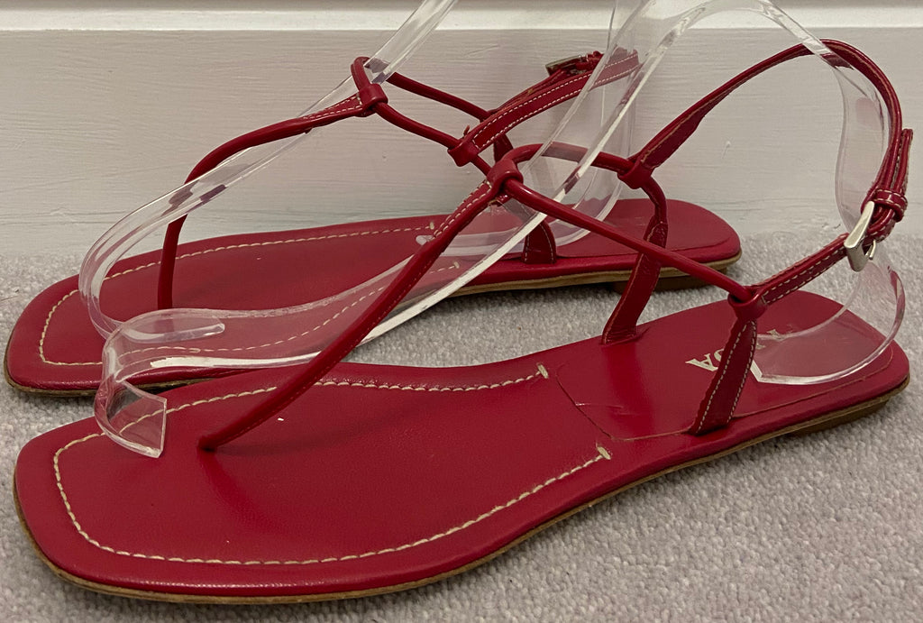 PRADA Women's Red Leather Thong Buckle Ankle Strap Sandals Shoes EU39.5 UK6.5