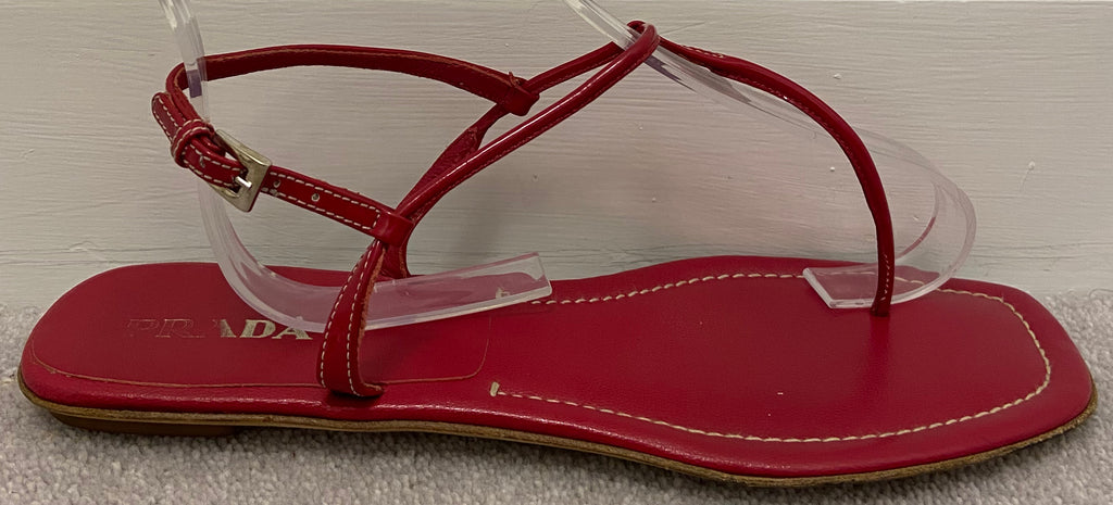 PRADA Women's Red Leather Thong Buckle Ankle Strap Sandals Shoes EU39.5 UK6.5