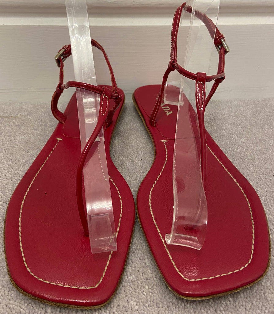 PRADA Women's Red Leather Thong Buckle Ankle Strap Sandals Shoes EU39.5 UK6.5
