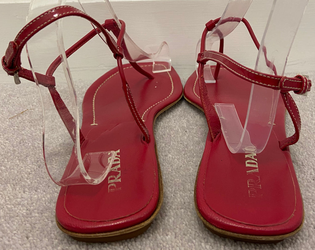 PRADA Women's Red Leather Thong Buckle Ankle Strap Sandals Shoes EU39.5 UK6.5