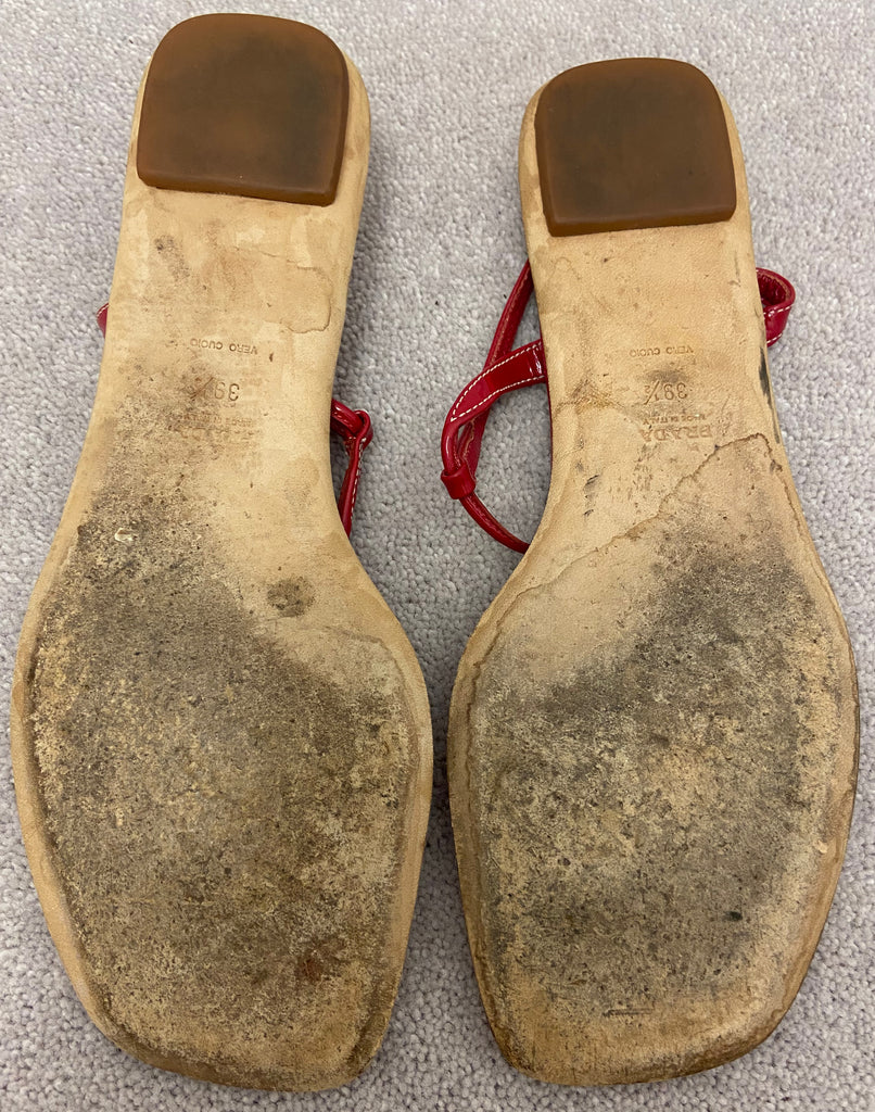 PRADA Women's Red Leather Thong Buckle Ankle Strap Sandals Shoes EU39.5 UK6.5