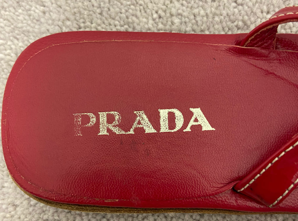 PRADA Women's Red Leather Thong Buckle Ankle Strap Sandals Shoes EU39.5 UK6.5