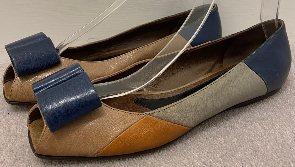 MARNI Beige Blue Grey & Orange Colour Block Leather Peep Bow Toe Shoes EU39 UK6