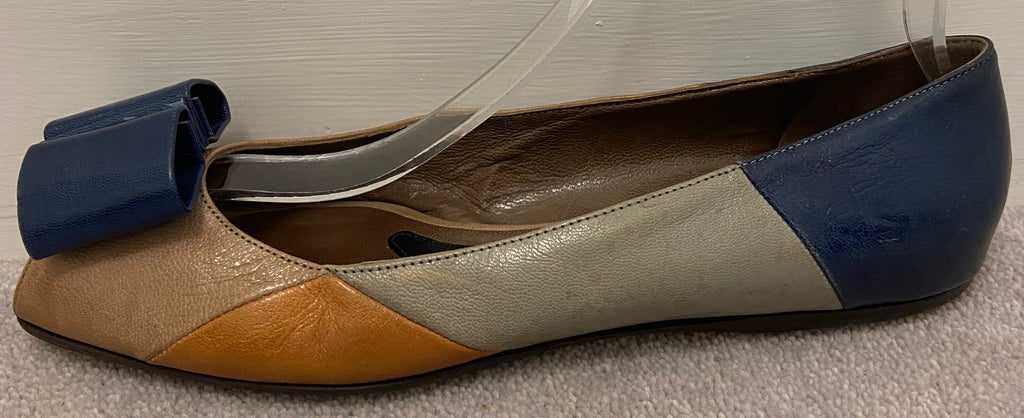MARNI Beige Blue Grey & Orange Colour Block Leather Peep Bow Toe Shoes EU39 UK6