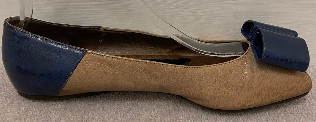 MARNI Beige Blue Grey & Orange Colour Block Leather Peep Bow Toe Shoes EU39 UK6