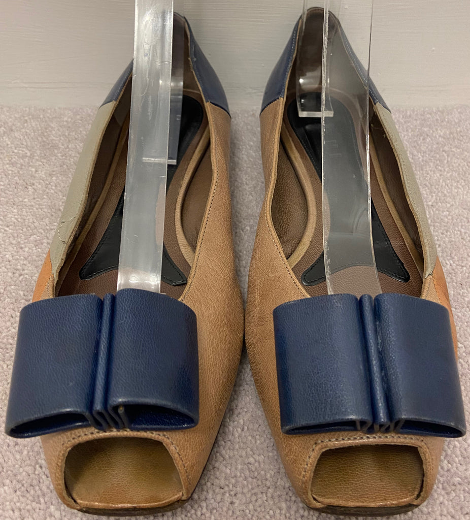 MARNI Beige Blue Grey & Orange Colour Block Leather Peep Bow Toe Shoes EU39 UK6