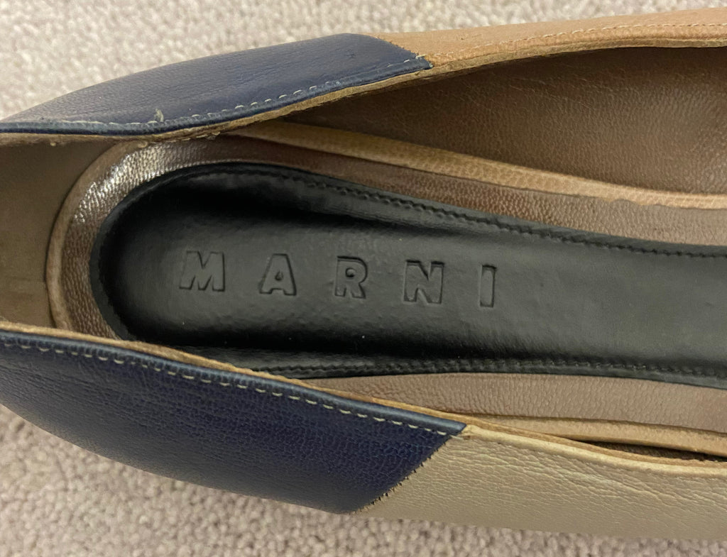 MARNI Beige Blue Grey & Orange Colour Block Leather Peep Bow Toe Shoes EU39 UK6
