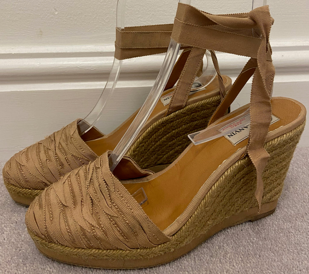 LANVIN Beige Grosgrain Ribbon Fabric Front Tie Ankle Espadrille Wedges EU39 UK6