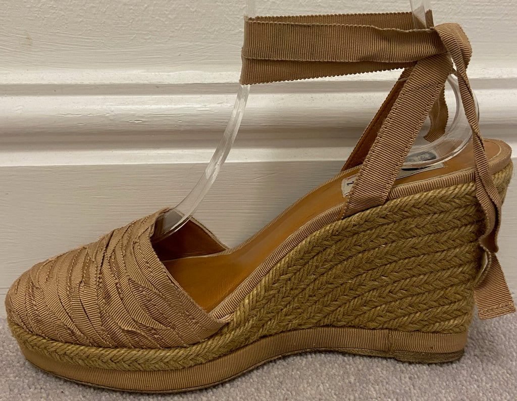 LANVIN Beige Grosgrain Ribbon Fabric Front Tie Ankle Espadrille Wedges EU39 UK6