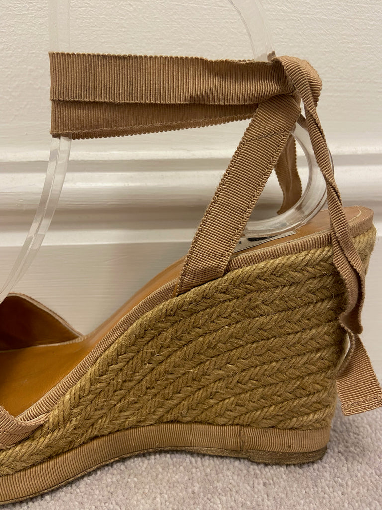 LANVIN Beige Grosgrain Ribbon Fabric Front Tie Ankle Espadrille Wedges EU39 UK6