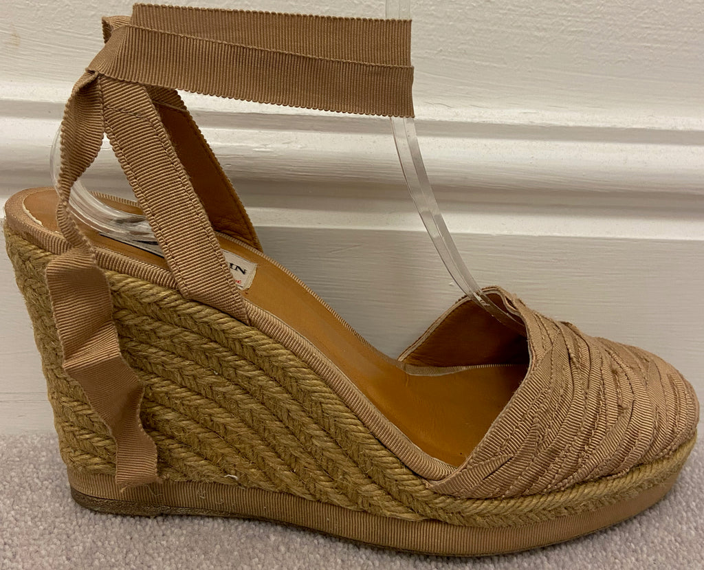LANVIN Beige Grosgrain Ribbon Fabric Front Tie Ankle Espadrille Wedges EU39 UK6
