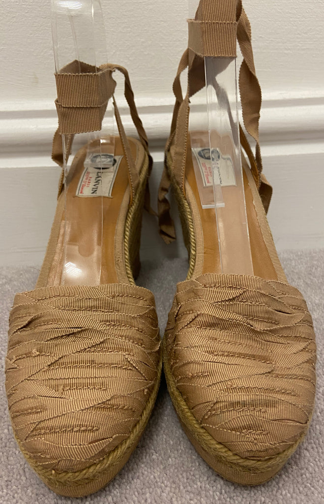 LANVIN Beige Grosgrain Ribbon Fabric Front Tie Ankle Espadrille Wedges EU39 UK6