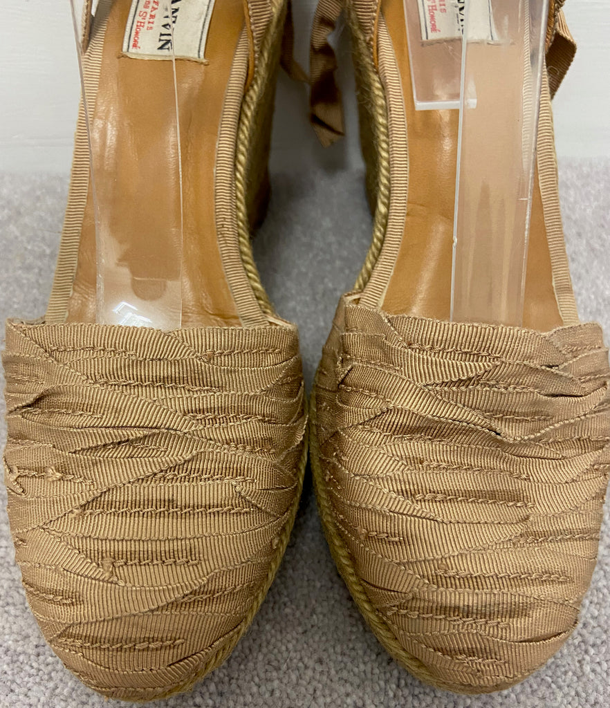 LANVIN Beige Grosgrain Ribbon Fabric Front Tie Ankle Espadrille Wedges EU39 UK6