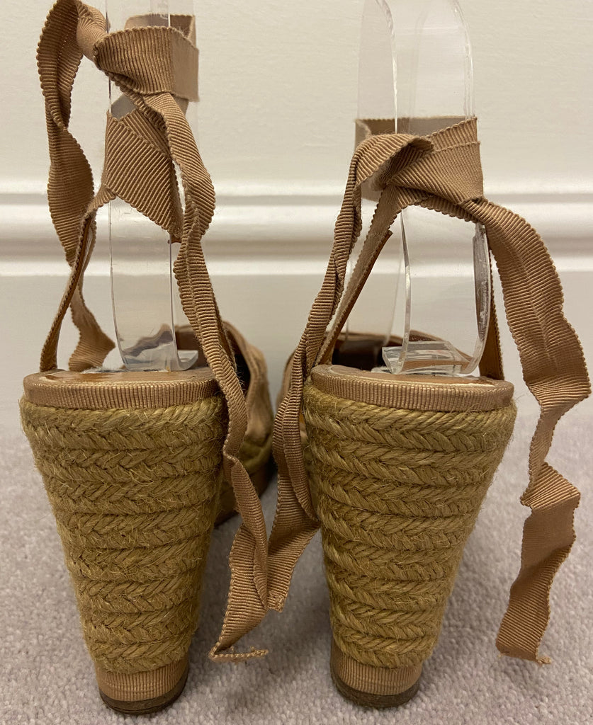 LANVIN Beige Grosgrain Ribbon Fabric Front Tie Ankle Espadrille Wedges EU39 UK6