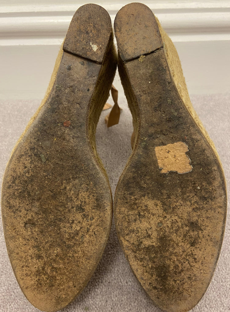 LANVIN Beige Grosgrain Ribbon Fabric Front Tie Ankle Espadrille Wedges EU39 UK6