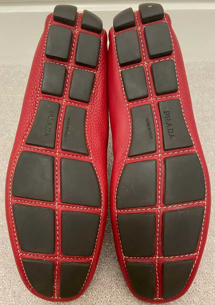 PRADA Women's Red Pebbled Leather Slip On Casual Loafers Shoes EU38.5 UK5.5