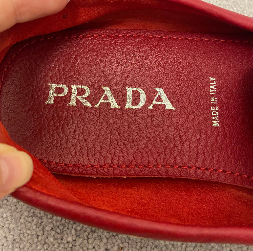 PRADA Women's Red Pebbled Leather Slip On Casual Loafers Shoes EU38.5 UK5.5