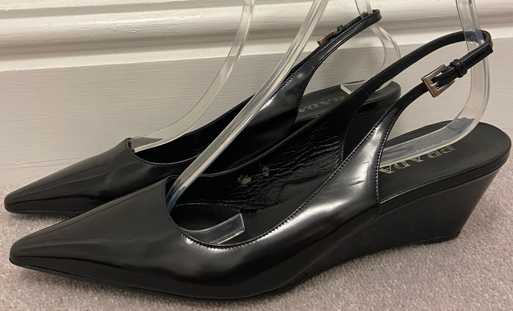 PRADA Women's Black Shined Leather Pointed Toe Slingback Wedge Shoes EU39 UK6