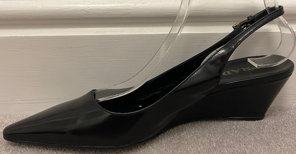 PRADA Women's Black Shined Leather Pointed Toe Slingback Wedge Shoes EU39 UK6