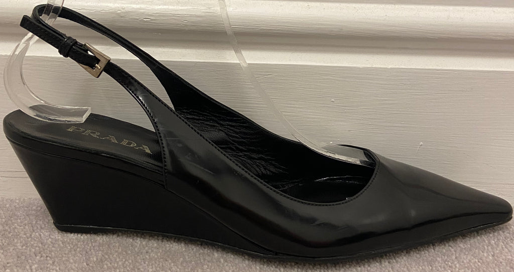 PRADA Women's Black Shined Leather Pointed Toe Slingback Wedge Shoes EU39 UK6