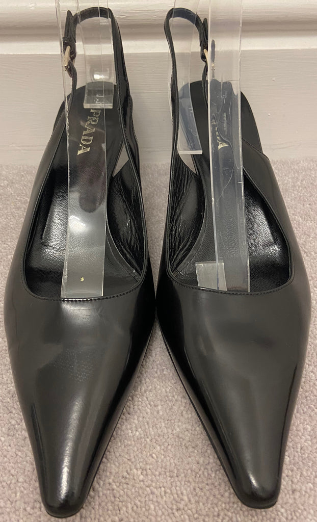 PRADA Women's Black Shined Leather Pointed Toe Slingback Wedge Shoes EU39 UK6