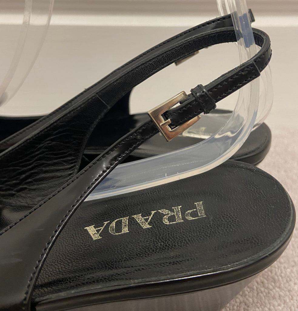 PRADA Women's Black Shined Leather Pointed Toe Slingback Wedge Shoes EU39 UK6