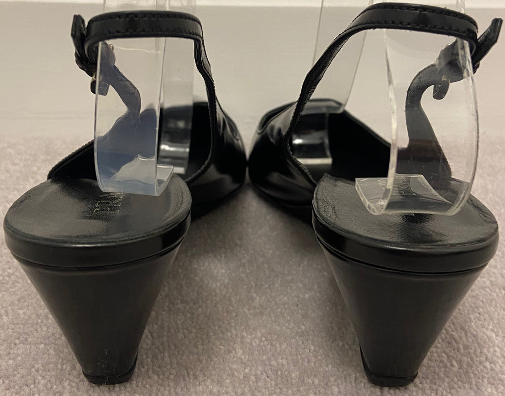 PRADA Women's Black Shined Leather Pointed Toe Slingback Wedge Shoes EU39 UK6