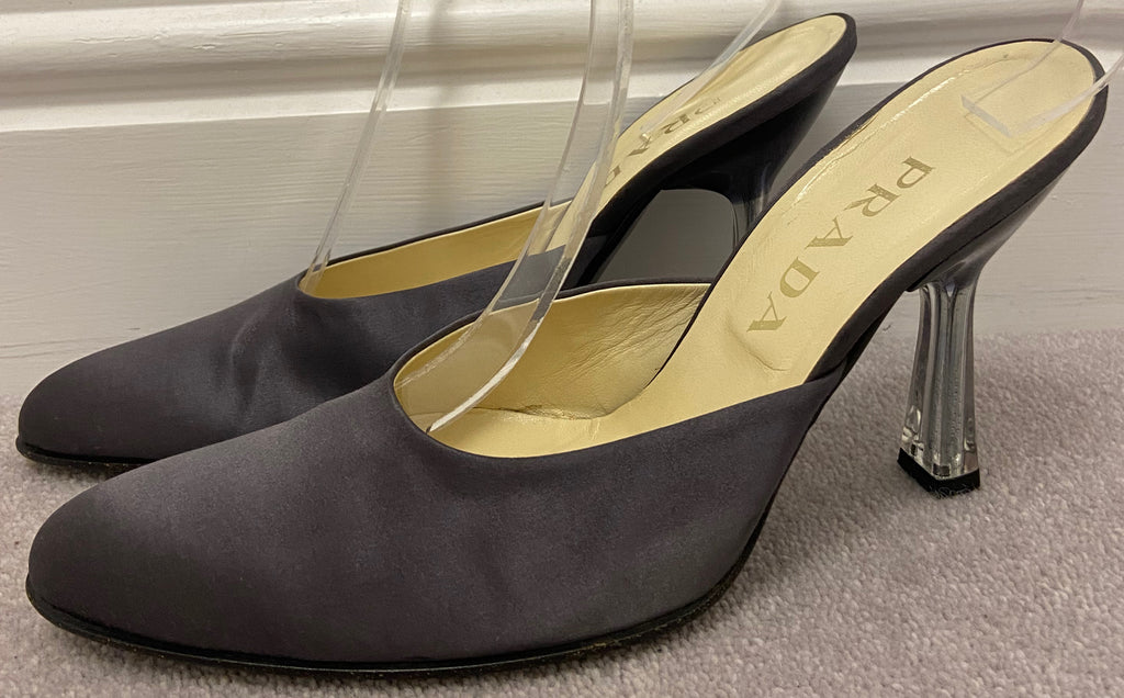 PRADA Women's Grey Satin Round Toe Perspex Stiletto Heel Mules Shoes 39.5 UK6.5