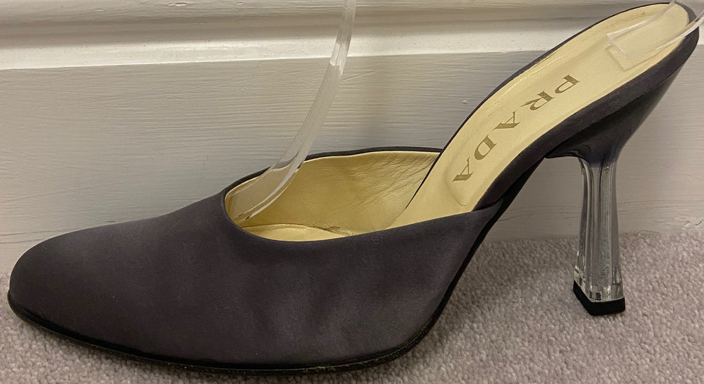 PRADA Women's Grey Satin Round Toe Perspex Stiletto Heel Mules Shoes 39.5 UK6.5