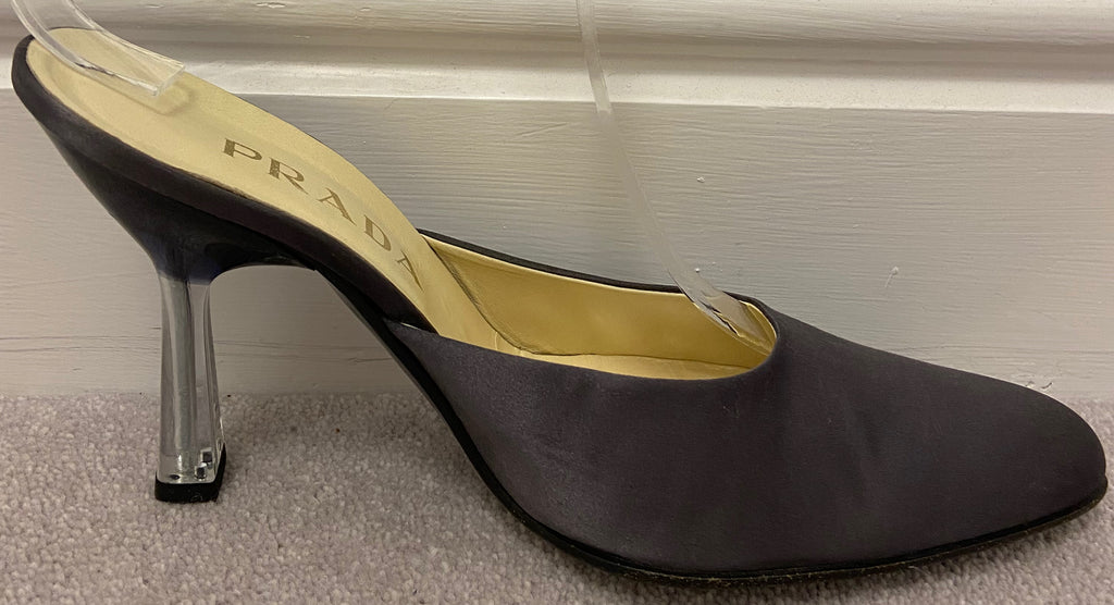 PRADA Women's Grey Satin Round Toe Perspex Stiletto Heel Mules Shoes 39.5 UK6.5