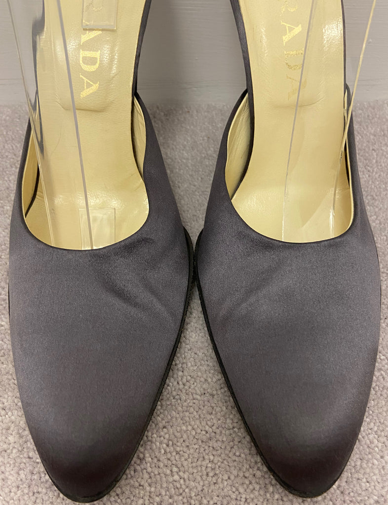 PRADA Women's Grey Satin Round Toe Perspex Stiletto Heel Mules Shoes 39.5 UK6.5