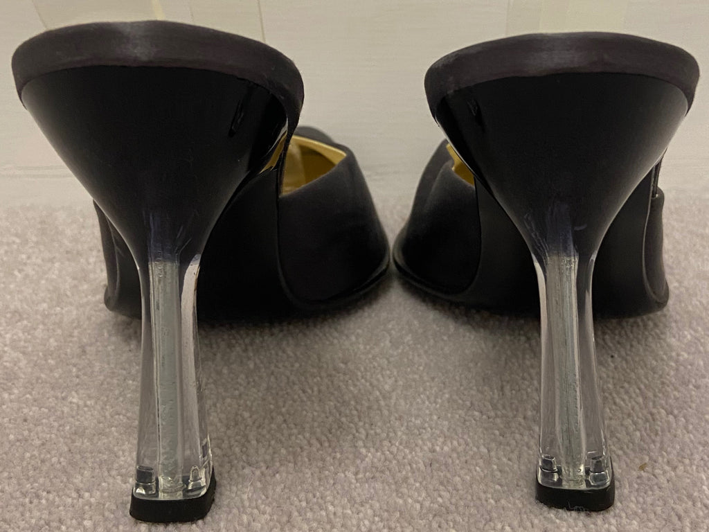 PRADA Women's Grey Satin Round Toe Perspex Stiletto Heel Mules Shoes 39.5 UK6.5